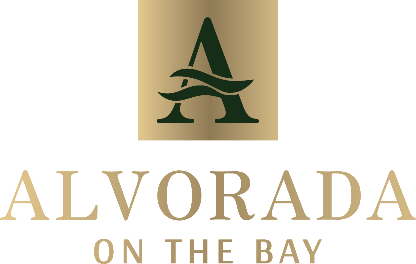 A logo with a tree and the words "ALVORADA ON THE BAY" in gold.